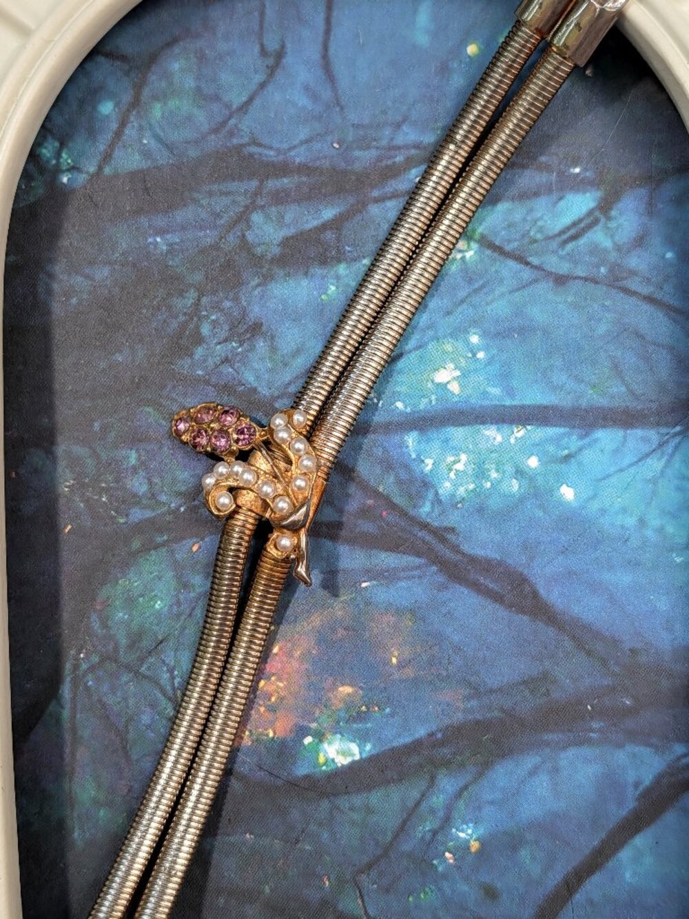 Mid-Century Gold Tone Snake Chain Bracelet with Rhinestone Flower Detail